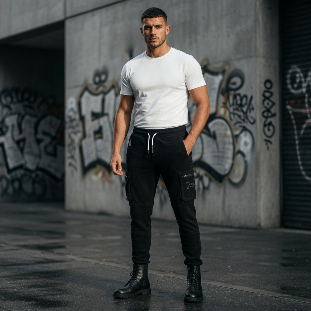 ASRV Cargo Joggers Black Velvet Tapered Slim Fit Men's Size S Multi-Pocket VG